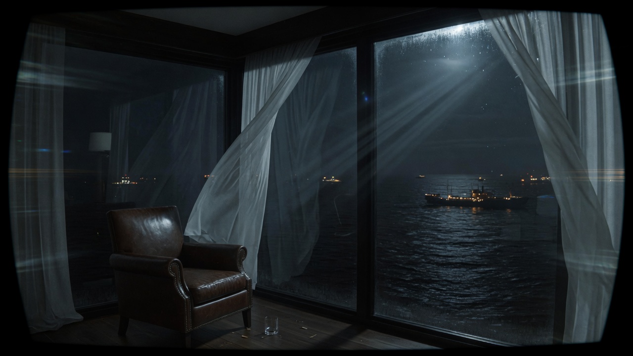 Empty leather armchair facing the ocean through blowing curtains.